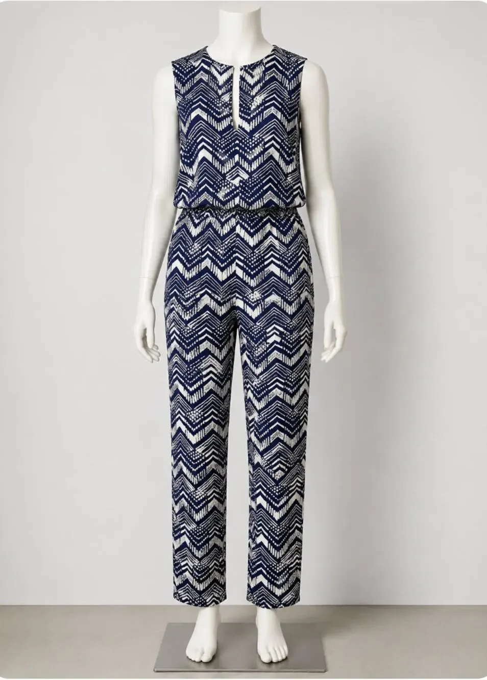 J Crew Cute Linen Zig-Zag Navy and White Print Sleeveless Jumpsuit Romper Size 0
